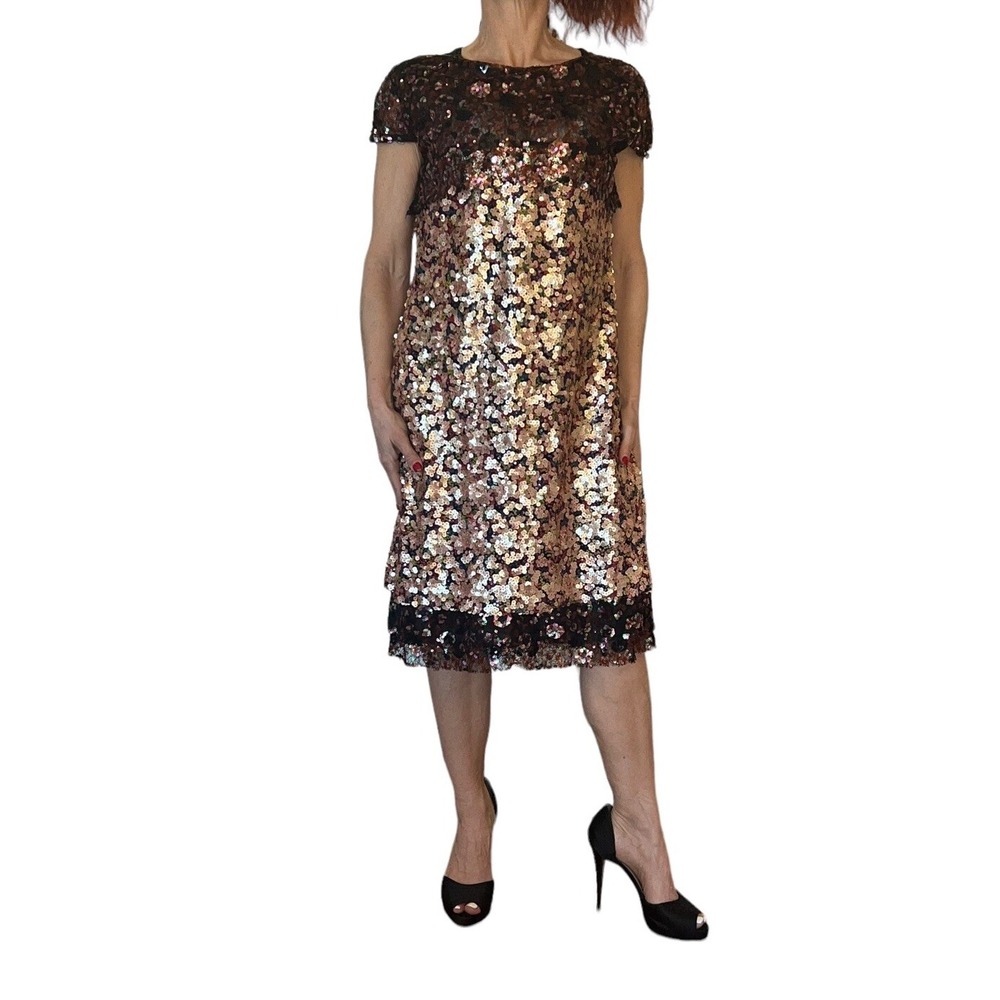 TALBOT RUNHOF SEQUIN LACE COCKTAIL DRESS MULTI CAP SLEEVE LAYERED SHIFT  M
